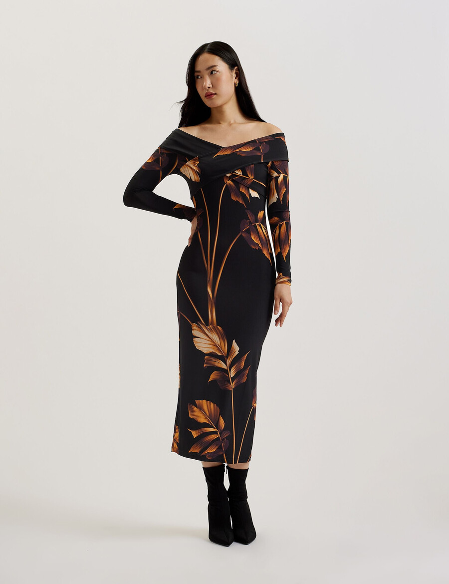 josefen - tryckt bardot långärmad midiklänning