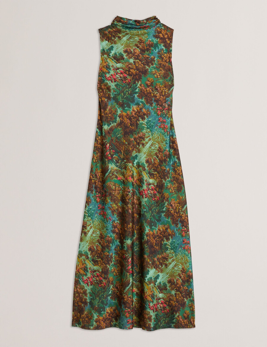 eyva - satintryckt midi-slipklänning med hög hals