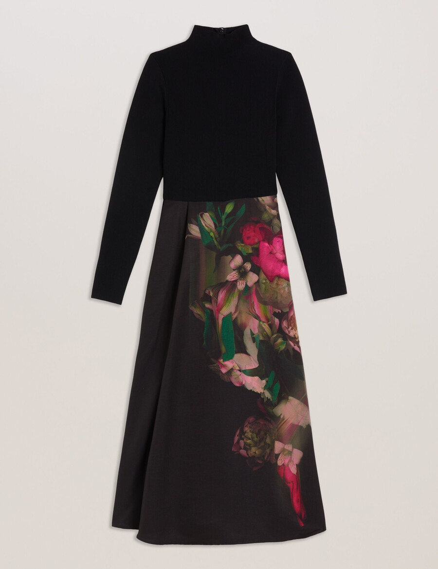 asnes - stickad bodice midiklänning med tryckt kjol