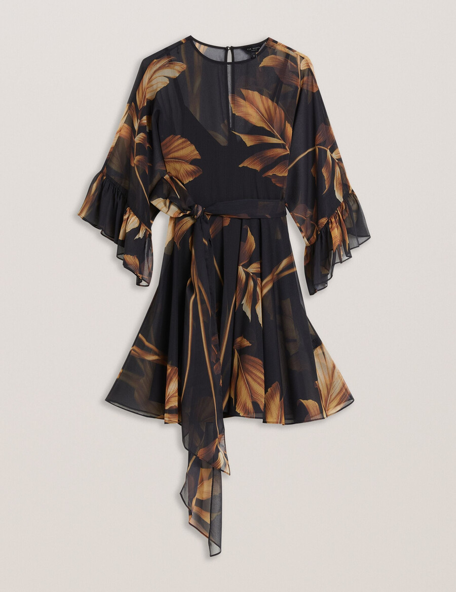 elster - miniklänning i chiffong med tryck med knytband i midjan