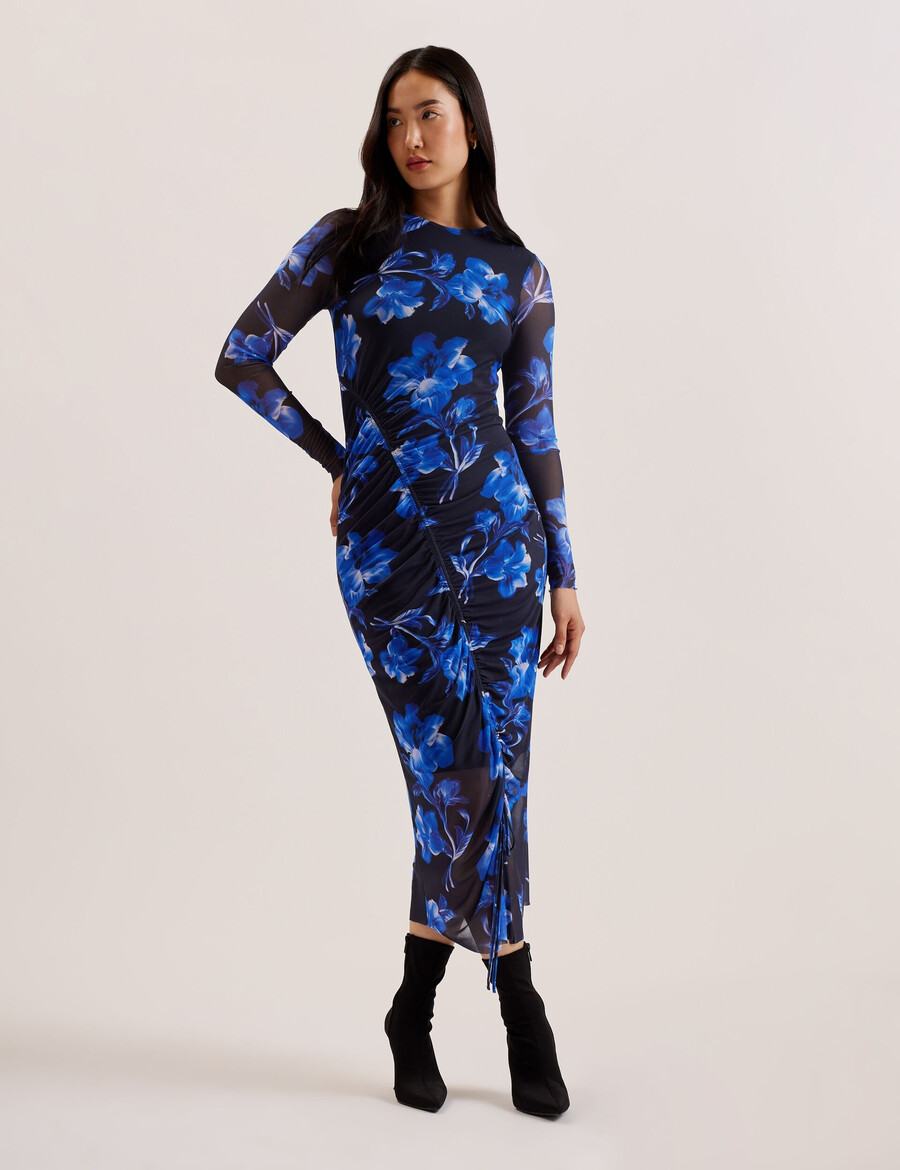 marliyy - blommönster bodycon mesh midiklänning