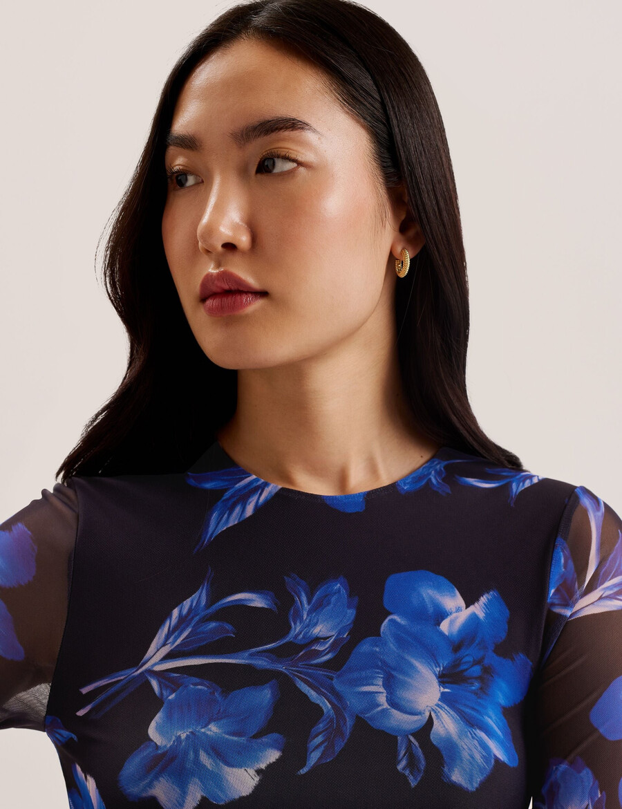 marliyy - blommönster bodycon mesh midiklänning