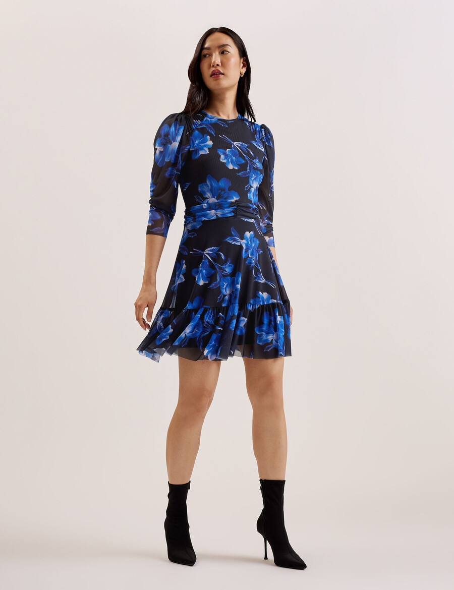 carmall - blommig puff sleeve mesh mini klänning