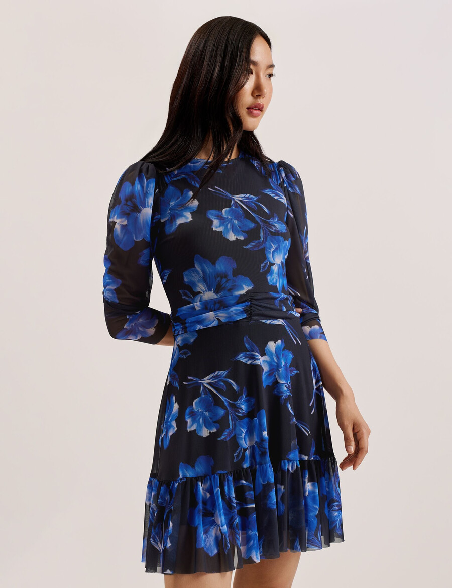 carmall - blommig puff sleeve mesh mini klänning