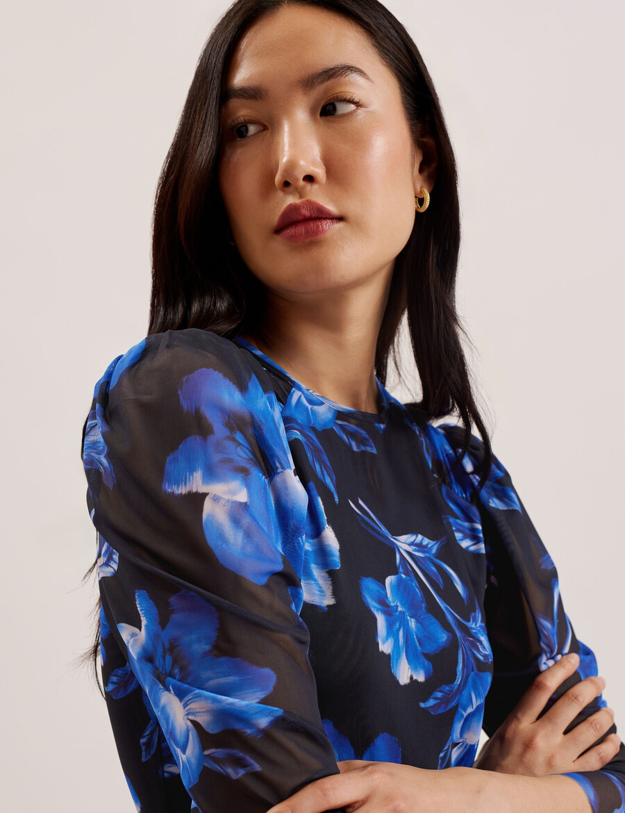 carmall - blommig puff sleeve mesh mini klänning