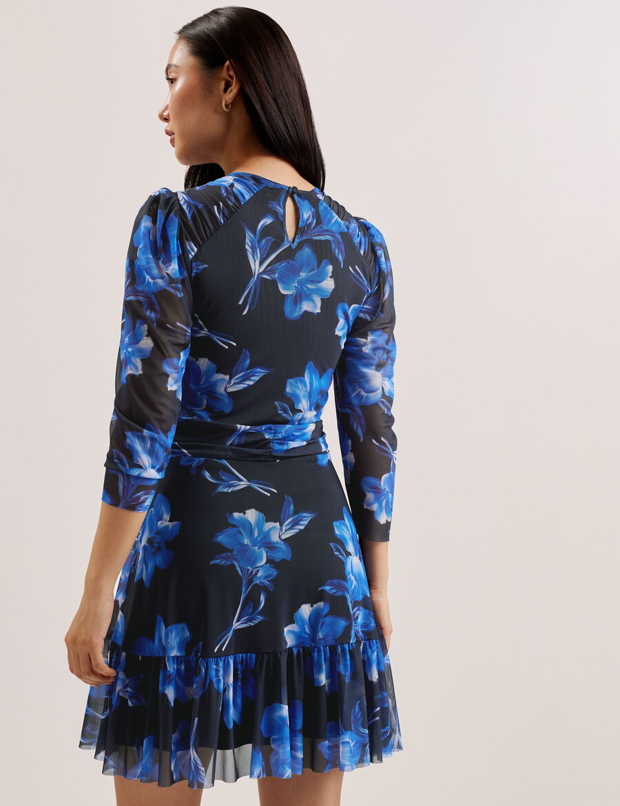 carmall - blommig puff sleeve mesh mini klänning