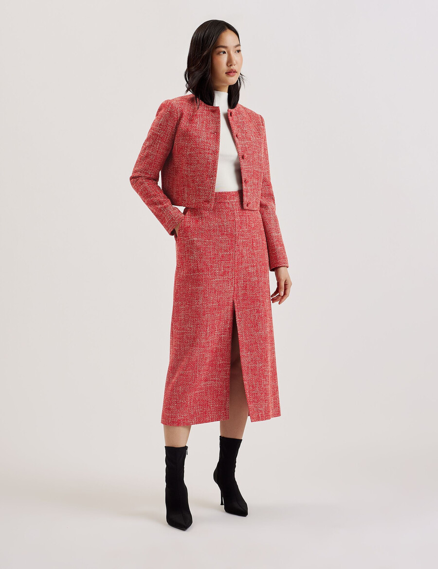 sumis - skräddarsydd boucle midikjol med slits fram