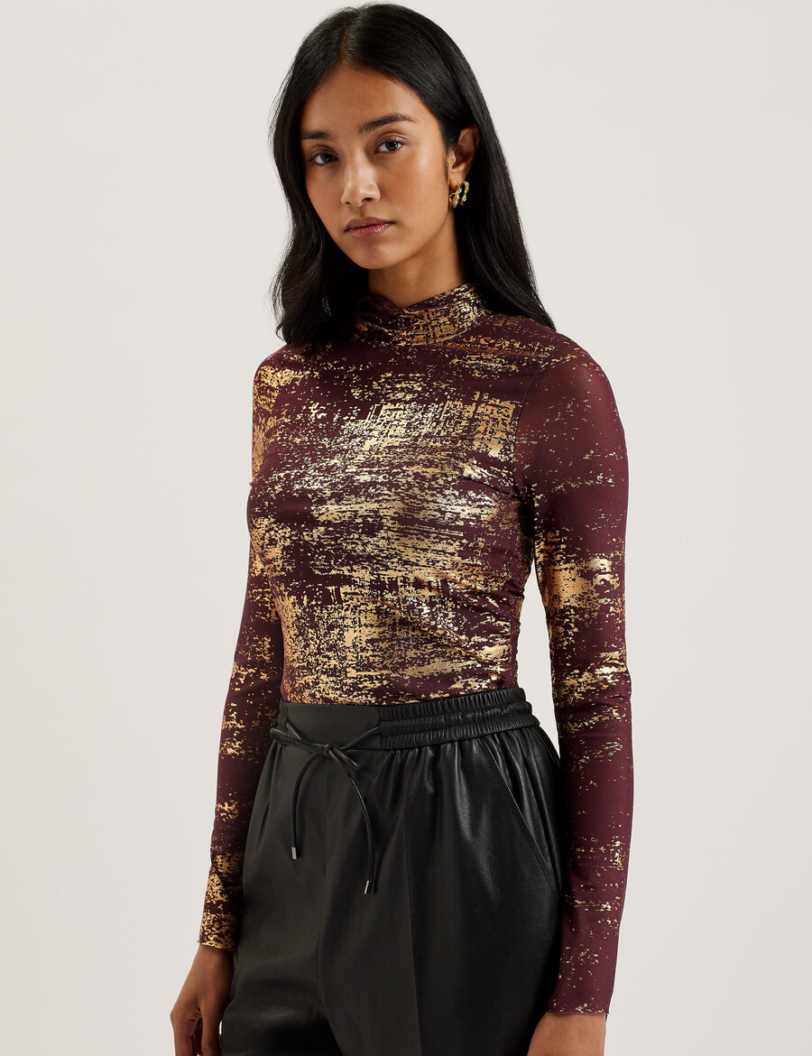 sofiy - foil print high neck mesh top