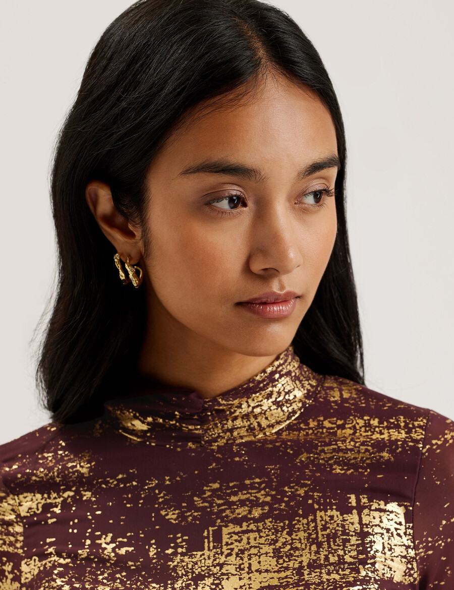 sofiy - foil print high neck mesh top