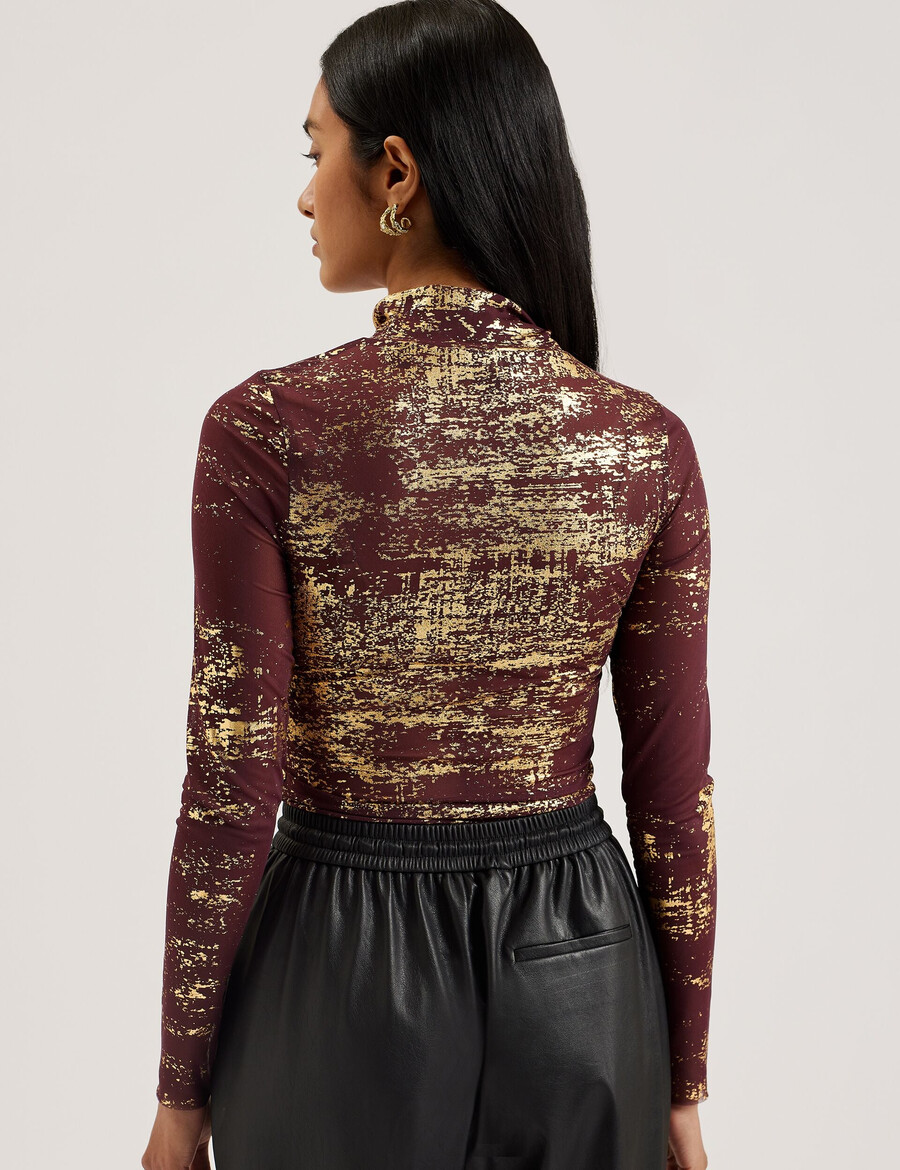sofiy - foil print high neck mesh top