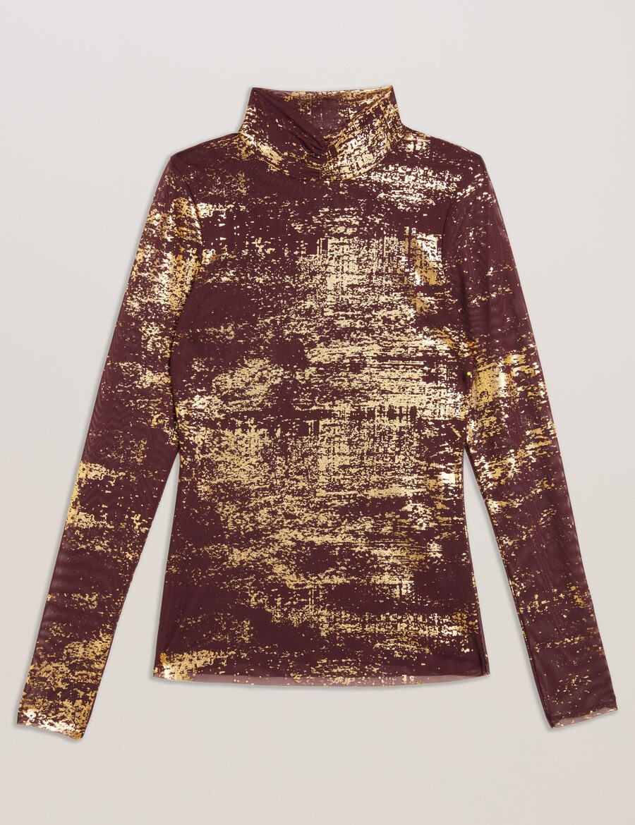 sofiy - foil print high neck mesh top